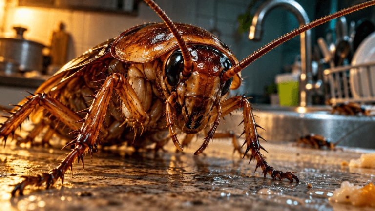Ilustrasi AI close-up lipas di tepi sinki dapur